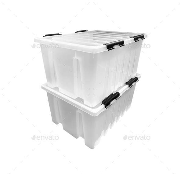 Two Plastic storage box Plastic container isolated on white stacked Stock Photo by gargantiopa